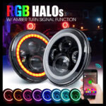 RGB 7 Inch Bluetooth LED Headlight, RGB Halo’s W/Amber Turn Signal Function DUBAITR